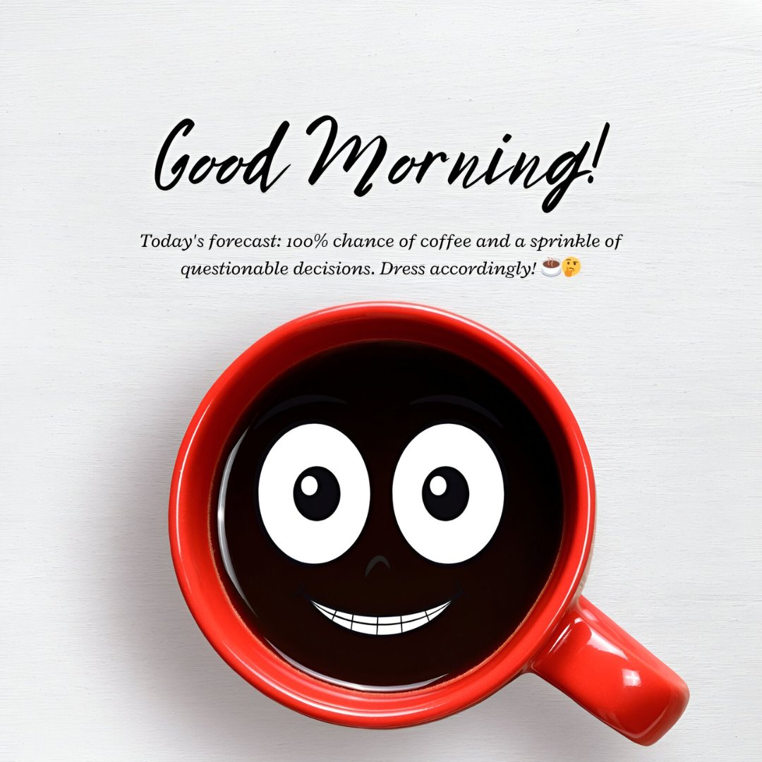 Funny Good Morning image featuring a red coffee mug with a cartoon face filled with coffee on a white background, captioned with 'Good Morning! Today's forecast: 100% chance of coffee and a sprinkle of questionable decisions. Dress accordingly!'