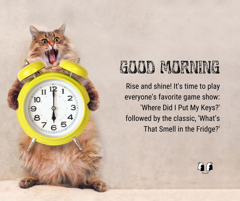 Funny Good Morning Messages featuring a shocked cat holding a large yellow alarm clock, with humorous captions about morning routines like losing keys and mysterious fridge odors.