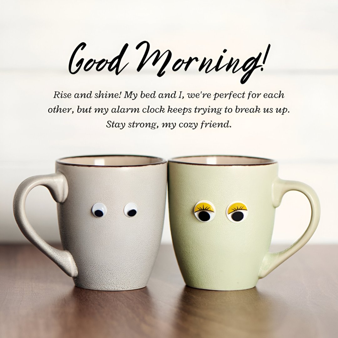 Funny Good Morning Quotes on an image featuring two coffee mugs with cartoon eyes, one grey and one green, on a wooden surface with the caption about the bed and alarm clock's love-hate relationship.