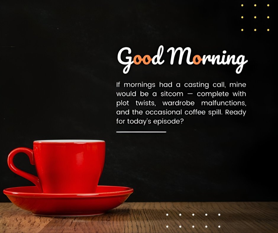 Funny Good Morning Texts concept with a bright red coffee cup on a saucer against a dark background, featuring a playful caption about mornings being a sitcom full of twists and coffee spills.