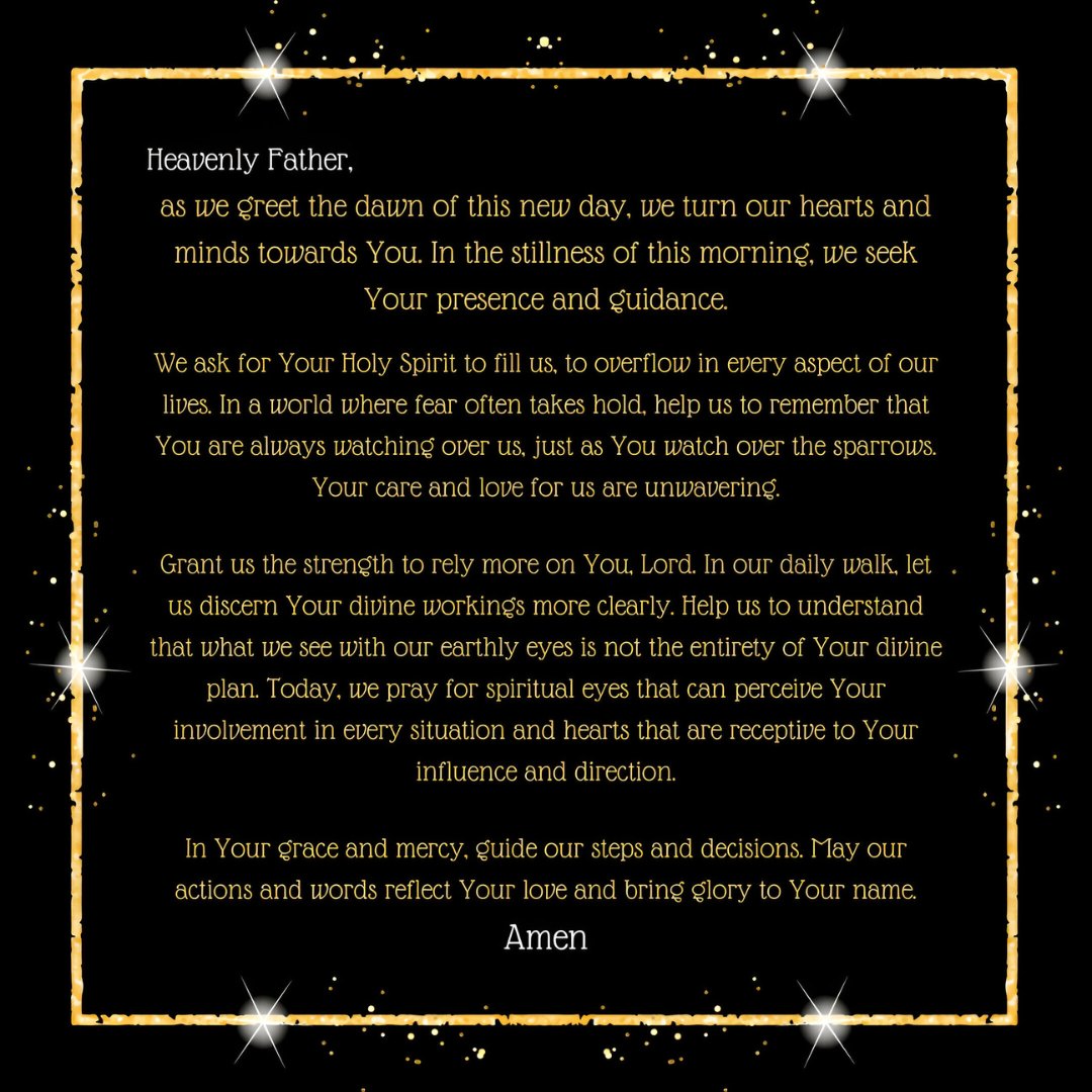 Morning Prayer text on a starry background with golden accents, featuring an uplifting prayer for guidance, strength, and spiritual insight to start the day.