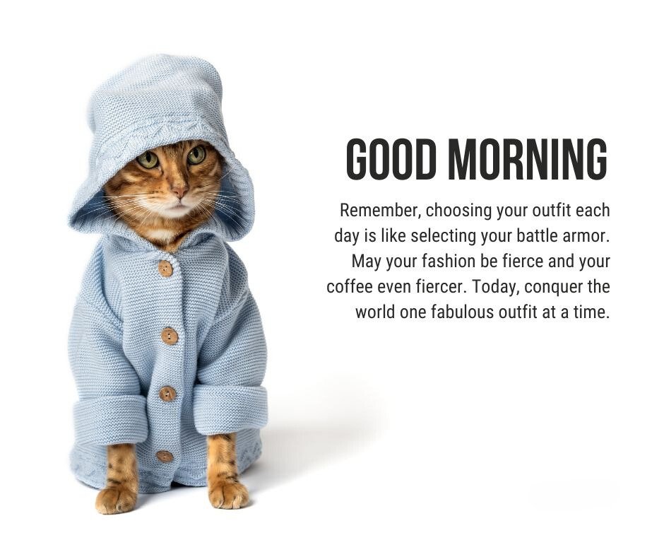 Funny Good Morning Texts for Her featuring a cute cat dressed in a cozy blue hoodie, paired with an inspirational caption about choosing your outfit as your battle armor to conquer the day.