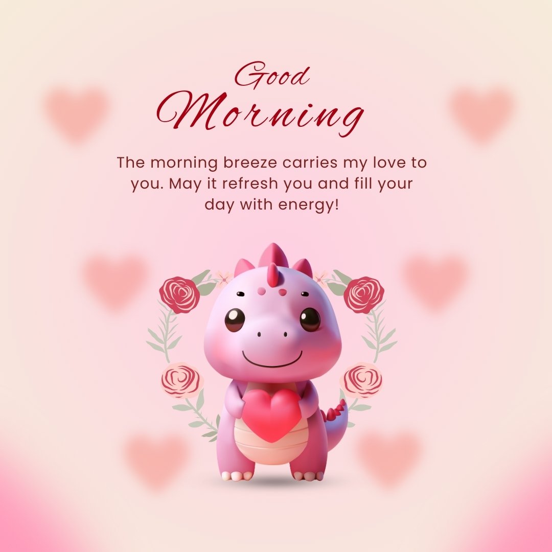 Adorable cartoon dinosaur holding a heart, with pink and rose decorations and a 'Good Morning' message, ideal for expressing Good Morning Love Messages for Him.