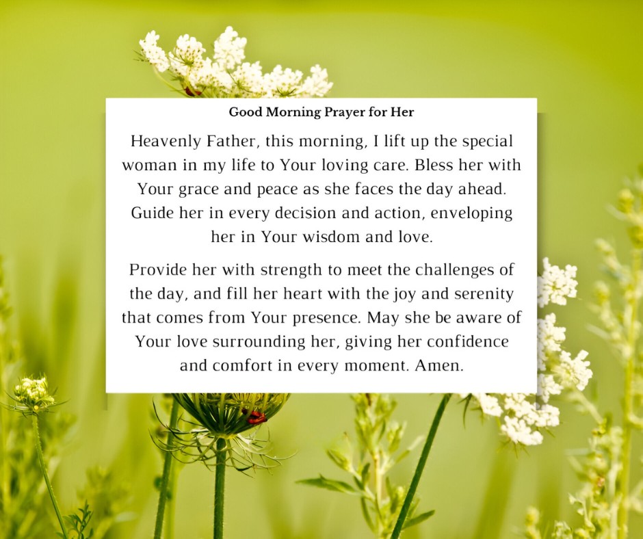 Good Morning Prayer for Her set against a tranquil background of green meadow and delicate white flowers, offering blessings of grace, peace, and strength for the special woman in your life.