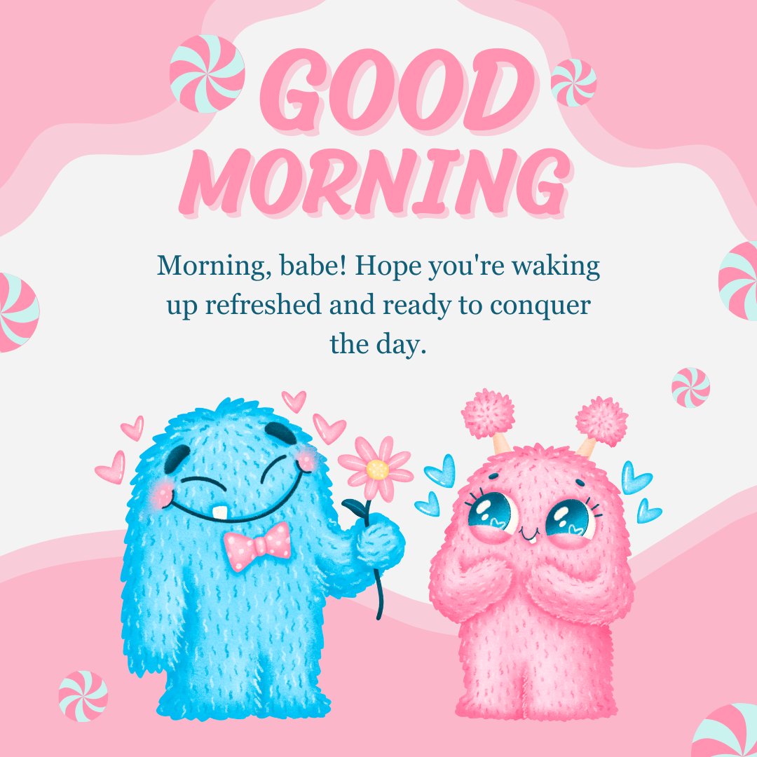 Colorful illustration of two cute monsters, one blue with a bowtie holding a flower and one pink, on a pink background with hearts and a 'Good Morning' message, perfect for sending Good Morning to Boyfriend Messages.